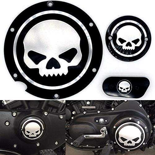 Frenshion Compatible for Motorcycle Black Chrome Skull Timing Accessories Engine Derby Timer Cover For Harley Sportster Iron XL 883 1200 04-14 (Pack of 3pcs)