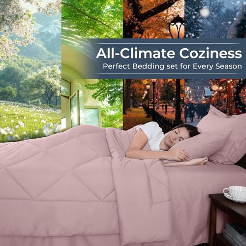 HEVUMYI Rose Gold Queen Comforter Set - 7-Piece All Season Bed in a Bag Queen, Ultra Soft Bedding Set with Comforter, Flat Sheet, Fitted Sheet, Pillowcases, Pillow Shams
