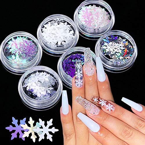Christmas Nail Art Decals Christmas Glitter 6 Boxes Snowflakes Nail Sequins Glitter 3D Nail Art Holographic AB Flakes Spangles Manicure Christmas Decoration