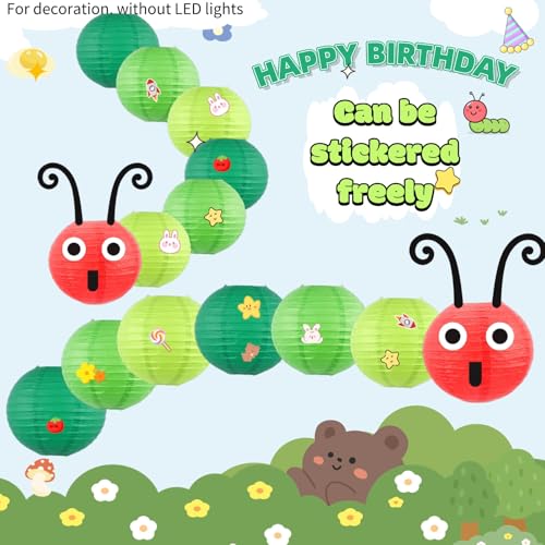 Image of Hungry Caterpillar Paper Lanterns - Green Cartoon Style | Hanging Decor for Back to School, Birthday, Classroom Decorations and Theme Parties (14-Pack, 8 /10 Inch)