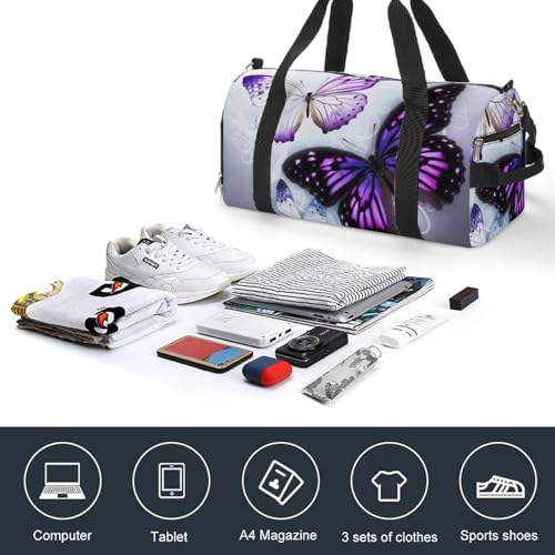 Gym Bags for Men Women White Purple Butterflies Duffle Bag Travel Overnight Bag with Shoe Compartment Tote Bags4
