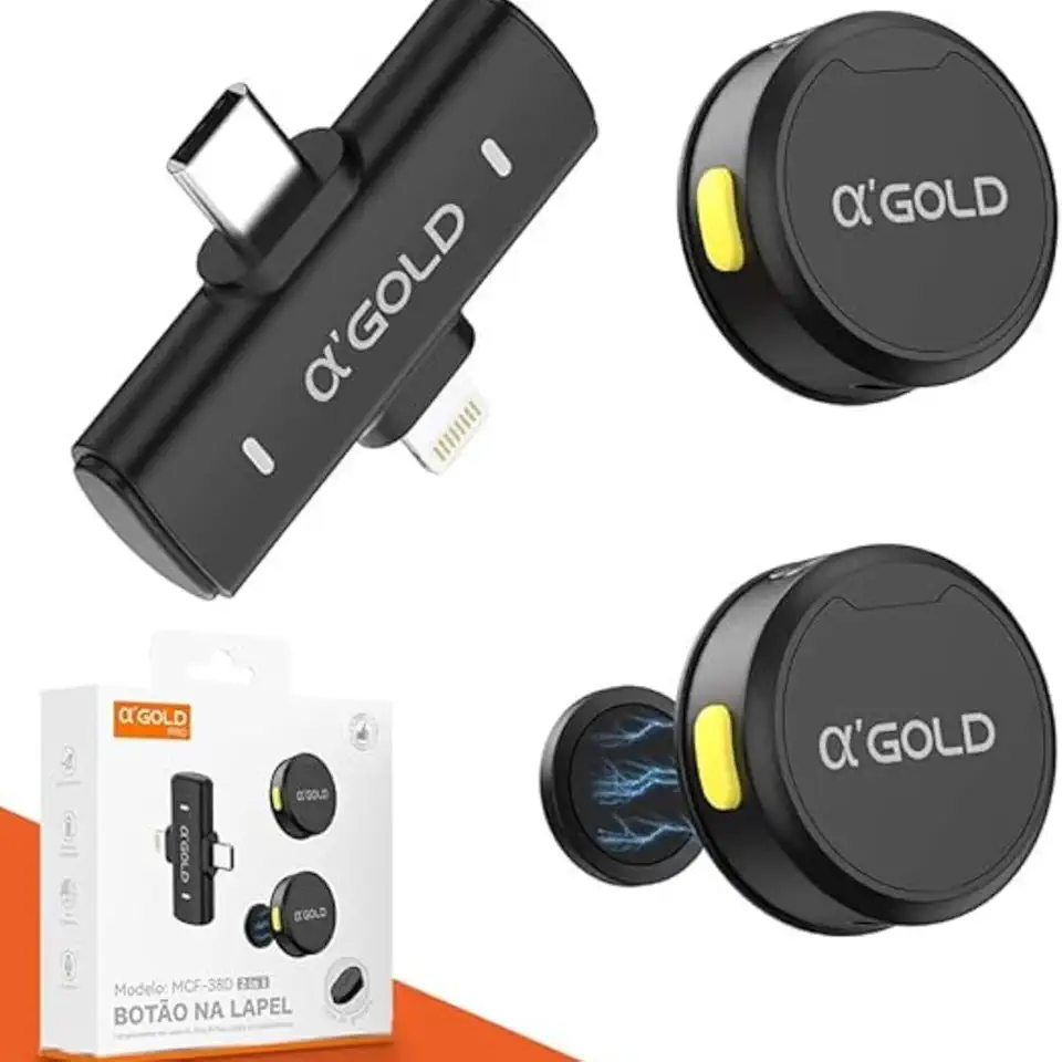 Microfone de Lapela Sem Fio – Kit com 2 Microfones Bluetooth, Redução de Ruído, Conexão Lightning e USB-C para iPhone, Android, Câmera e PC | Plug & Play - linha AGold Premium