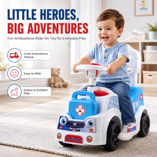 Image of Ambulance Ride On Toy for Kids 2-5 Years with LED Emergency Lights, Siren Sound, Front & Rear Storage, Foot to Floor Ride On Car with Comfortable Backrest, Kids Ride On Car for Boys & Girls