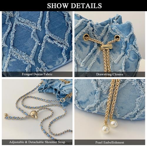 Image of Denim Bucket Bag Quilted Drawstring Jean Purses for Women Denim Clutch Hobo Bags Crossbody Handbag