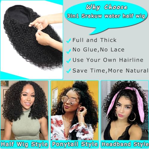 Image of Srakuw Half Wig Human Hair 200 Density Water Wave Wear Go Glueless Wigs Human Hair with Drawstring 3 In 1 Half Wigs for Women Invisible Hairline Beginner Friendly (Half Wig Black Color, 22 Inch)