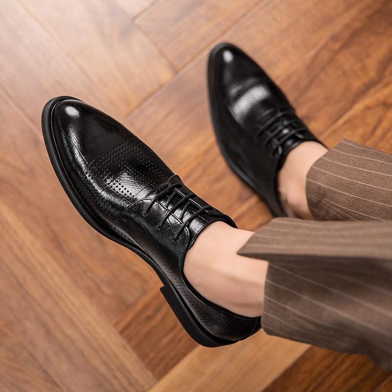 Dress Shoes for Men Lace Up Pointed Burnished Toe Breathable Hollow Out Faux Leather Derby Shoes Non Slip Resistant Rubber Sole Low Top Block Heel3