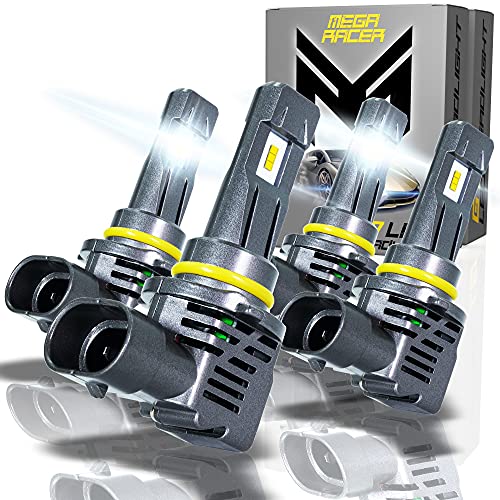 Mega Racer 9005 HB3 High Beam 9006 HB4 Low Beam Wireless LED Headlight Bulbs - Daylight White 6500K 50 Watt 12000 Lumens ZES CSP Chip 360 Degree Coverage IP68 Waterproof Rating, 2 Pair