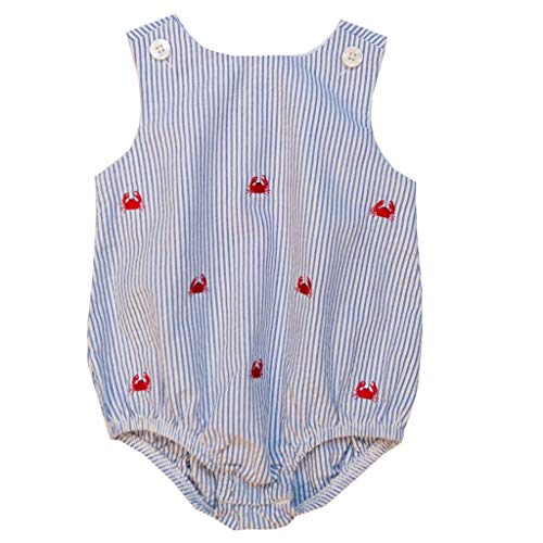 Good Lad Newborn Boy Blue Seersucker Romper with Crab Embroideries (3/6M)