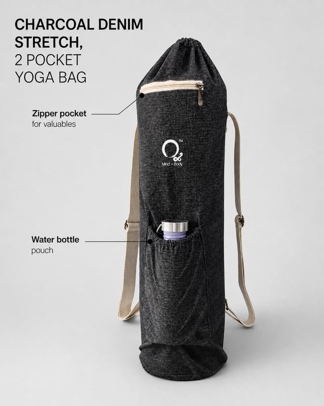 Image of O2 Yoga Mat Bag | Basic Style Cotton Yoga Mat Carry Bag with Adjustable Double Straps | Bottle Holder & Zipper Pocket | Yoga Mat Cover Bag for Women & Men | Fits 2mm-10mm Mats - Charcoal