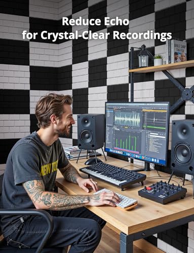 Image of Acoustic Wall Panels, Peel and Stick Sound Absorbing Panel for Ceiling, Door, Pared, 18 Pack 16 inchx12 inchx0.4 inch,Brick Pattern Black Decorative Self Adhesive Wall Tiles for Recording Studio, Room