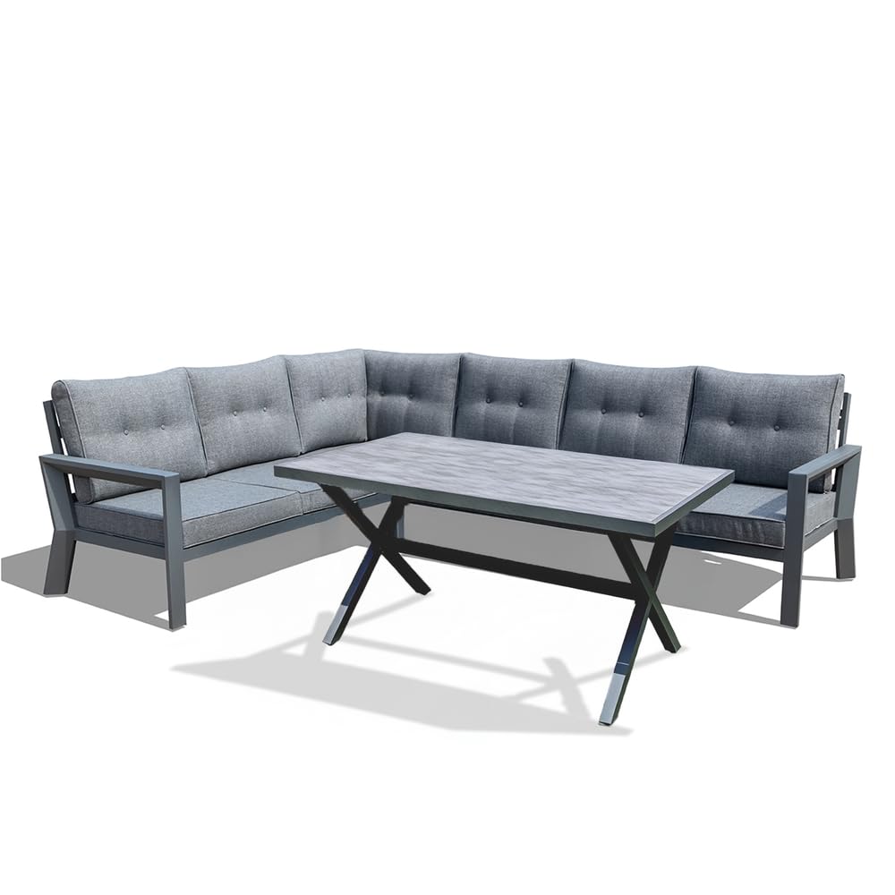 YOEVU - Conjunto de Jardín 7 Plazas | Aluminio Resistente al Óxido | Sofá Esquinero Modular | Cojines Desenfundables | Mesa Amplia y Funcional, Extra Grande (Gris)