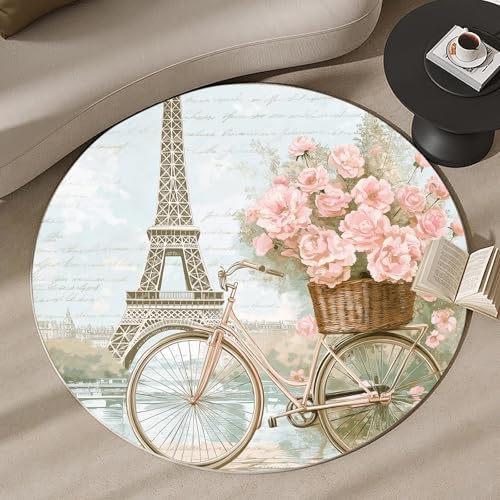 Tapis Tour Eiffel rond à poils courts 140cm lavable avec envers antidérapant sécurisé
