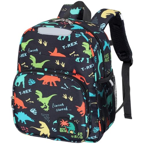 Bagseri Kindergartenrucksack Jungen 3-5 Jahre, 10L Kinderrucksack mit Brustgurt, Reflektoren & Isolierfach, Ergonomischer Kita Rucksack, Schwarzer Dinosaurier