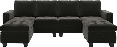 Miniatura 9 de Belffin Sofá seccional en forma de U de terciopelo con almacenamiento otomano convertibel sofá seccional con tumbonas reversibles, color gris