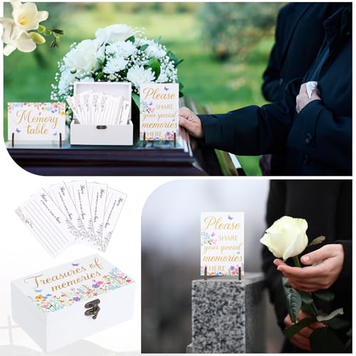 Image of Gilprop 112 Pcs Celebration of Life Memory Cards Set Share a Memory Cards with Box 2 Wood Sign with 4 Hold and 5 Pens, Sympathy Memorial Gifts Funeral Keepsake Decorations(Wildflowers)