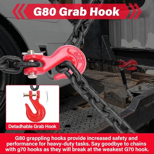 Image of Chain and Binders Kit 5 /16 inch - 3 /8 inch, 2 Pack G80 Ratchet Load Binder 5 /16 inch to 3 /8 inch, G80 Transport Chain x 20 Feet with G80 Hook, 5,400 lbs WLL Ratchet Binder and Chain for Towing, Hauling