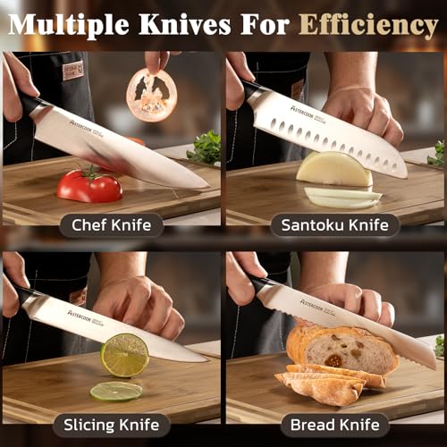Image of Astercook Knife Set, Kitchen Knives Set with Block and Sharpener Full Tang 17 Pcs German Stainless Steel Knives Sharp Blade Dishwasher Safe Premium Knife Set, Black Father Day Gifts for Men