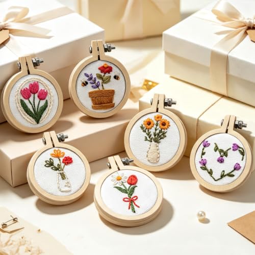 Image of 6 Sets Mini DIY Embroidery Kits for Beginners Adults, Flowers Hand Embroidery Starter Kit Needlepoint Kits, Stamped Cross Stitch Kits for Beginners Adults, 7 Embroidery Hoops (Attached Video Tutorial)
