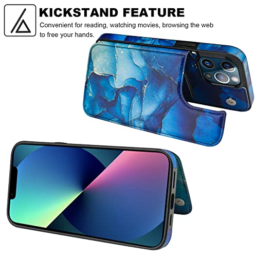 Image of HAOPINSH iPhone 13 Pro Max Wallet Case, Blue Marble PU Leather, Card Holder, Kickstand, Double Magnetic Clasp, Shockproof 6.7