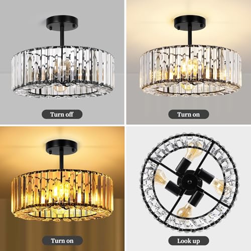 Image of FRIDEKO HOME Semi Flush Mount Ceiling Light - Small Crystal Chandelier Hallway Black Metal Cage Modern Light Fixture for Entryway Bedroom Porch Kitchen (9-Black-4 Light-1pcs-14.56 inch)