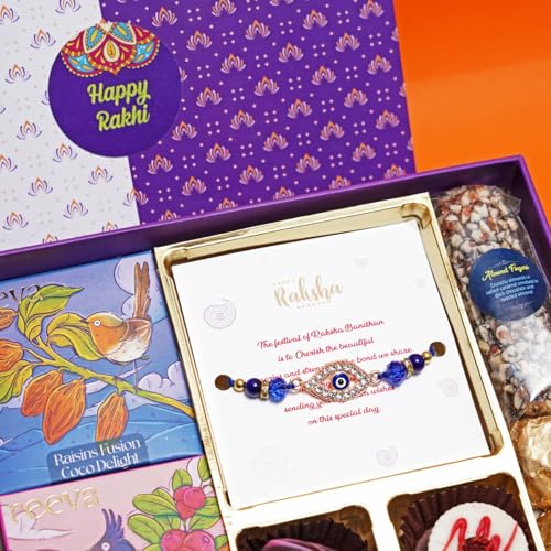 Image of Velvet Fine Chocolates Rakhi Gift Box | Handmade Assorted Chocolates for Rakshabandhan | Evil Eye Rakhi, Almonds & More | Perfect Sibling Bonding Gift | Pack of 1