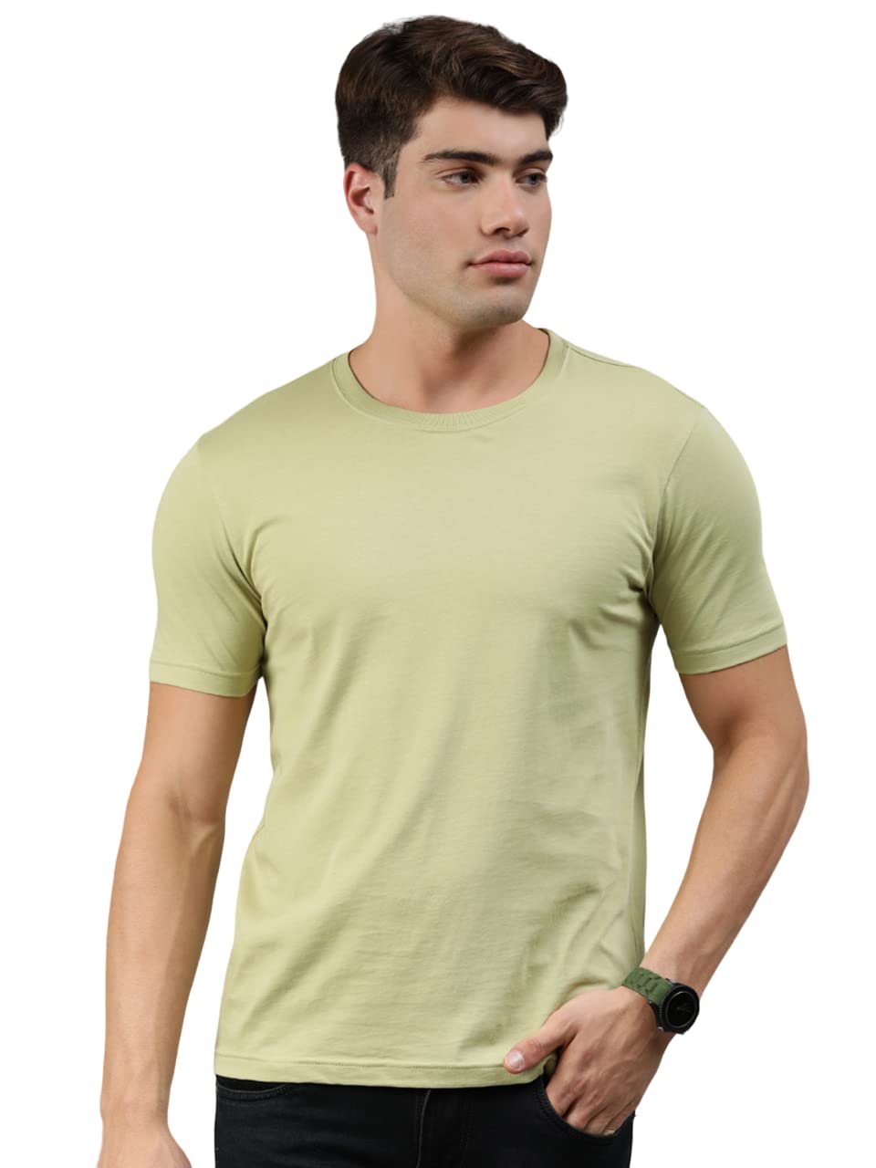 HUETRAPMens Knitted Regular Fit Round Neck Short Sleeve Rogue Graphic Tee Green