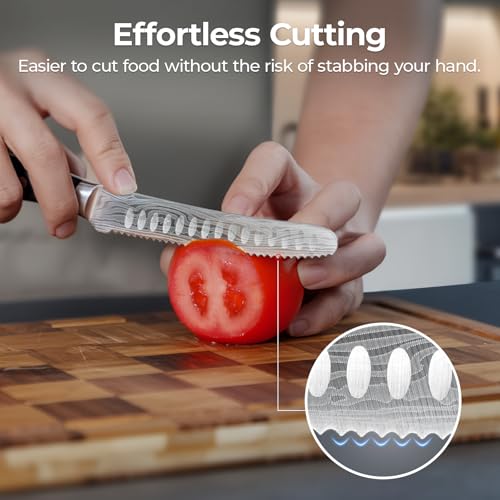 Image of CoquusAid 5 inch Kitchen Utility Knife, Serrated Blade Tomato Knife | Ultra Sharp Paring knives, Round Tip, Ergonomic Handle, Full Tang - Forged High Carbon German Steel, Ideal for Gift (Black)