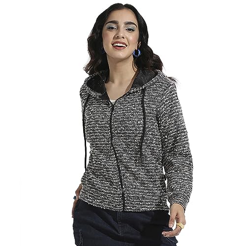 Image of PINACOLADA Women's Grey Zip-Front Horizontal Striped Hoodie for Casual Wear | Hooded Neck | Long Sleeve | Zipper Closure | Cotton Sweatshirt Crafted with Comfort Fit for Everyday Wear