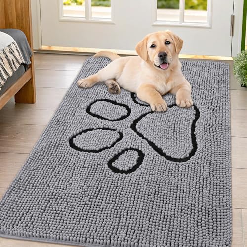 Image of Smiry Dog Door Mat for Muddy Paws, Absorbent Dirt Trapper Non Slip Quick Dry Washable Chenille Mat for Mud Dogs, Entry Rug for Indoor and Outdoor (44x32 Inches, Grey and Black)