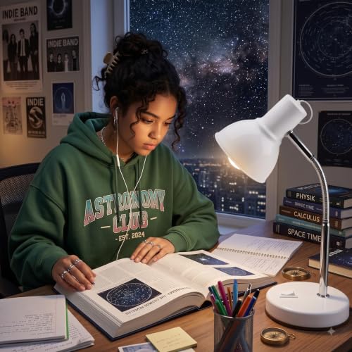 Image of Metal Desk Lamp with Bulb, Red Finish, Adjustable Gooseneck, 16 Inch Height, Strong Body Table Lamp (White)
