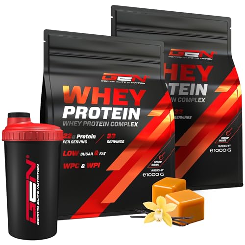2 kg Whey Protein Komplex + Premium Shaker - Mit Isolate Anteil - Instant lösliches Eiweiss Protein Pulver mit BCAA & EAA - German Elite Nutrition - (2 x 1000 g Vanille Toffee)