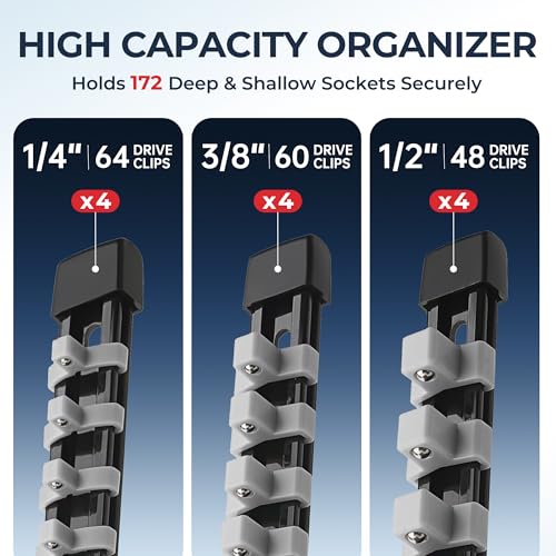 Image of Reniteco 12-Piece Socket Organizer Set - 1 /4-Inch x 64 Clips, 3 /8-Inch x 60 Clips, 1 /2-Inch x 48 Clips, Heavy Duty ABS Socket Holder, Premium Quality Socket Clip Rail Holder for Tool Box Drawer