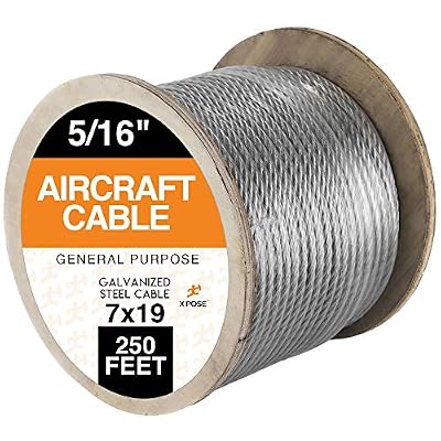 7 x 19 Galvanized Steel Aircraft Cable Wire - 5/16" - 250' Reel - 9,800 lb Break Strength Rope for Pulley System or Winch Loop - Marine Wire, Cable/Deck Railing, Fencing, Zipline - Xpose Safety