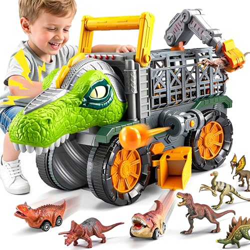 Vroomix Dinosaurier Spielzeug Großer Dino-Monstertruck mit T-Rex & Figuren | Mit Abschussfunktion, Kran & Tunnel | Geschenk für Jungen 2-4 Jahre zu Geburtstag & Weihnachten