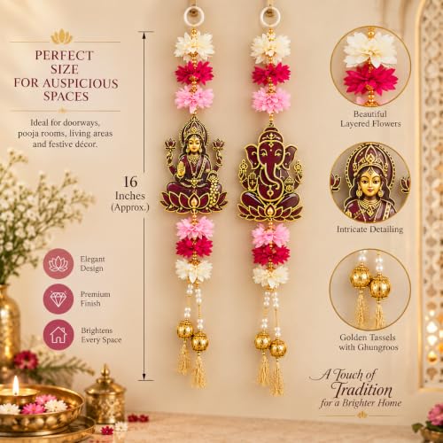 Image of Akaar Decor Lakshmi Ganesha Hanging for Door | Acrylic Festive Latkan with Flowers & Pearls | Diwali Pooja Room Entrance Decor | 16 Inch, Pack of 2