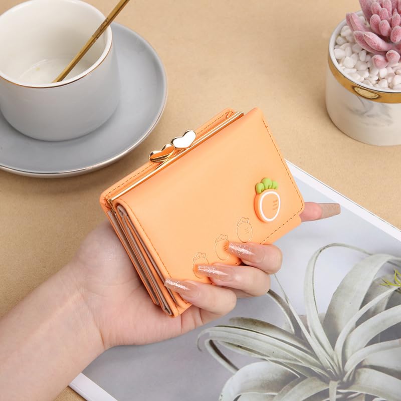Image of Valerie Cute Small Wallets Clutch for Teen Girl Women PU Leather Trifold Small Wallet Cash Pocket 3D Buckle Card Holder Coin Purse with ID Window for Girls Women (Orange)