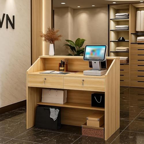 Image of TEKAVO Jupiter Reception Table for Store, Shop & Gym 100 Cm Long | Front Checkout Counter with Lock Drawers & Open Shelf | Cash Counter Table | Light Brown Wood | 100 x 45 x 92 CM | DIY Assembly