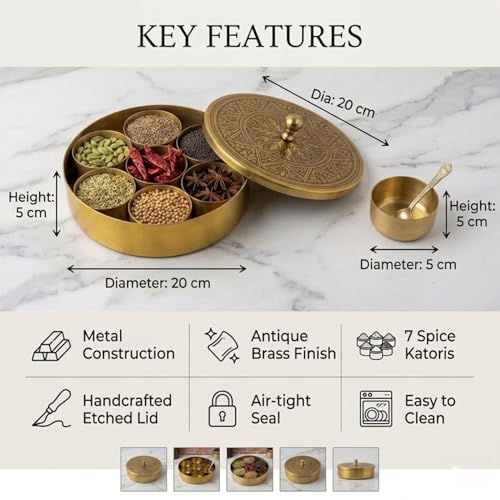 Image of Mandala-Etched Pure Brass Spice Box with Spoon (7 Detachable Containers, 120 ML Each) | Traditional Masala Dabba | Premium Brass Masala Dani | Kitchen Spice Storage Container