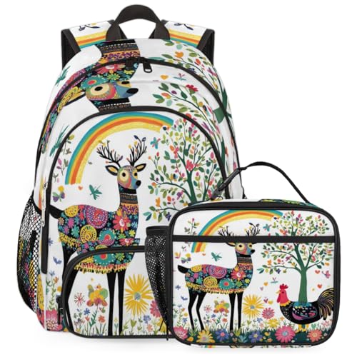 TropicalLife Boho Deer Rooster Backpack with Lunch Box Set, Back Pack and Lunch Bag Boho Deer Rooster Waterproof Casual Daypack Bag for Work Travel