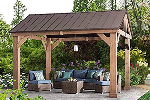 Coen L-GZ1171PWD-B Hudson Cedar Wood Pavilion with Hardtop, Gazebo, 14'x12', Natural/Brown