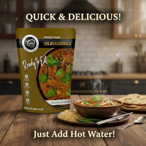 Image of FzyEzy Freeze-Dried Veg Makhanwala | Rich & Creamy Indian Mixed Vegetable Curry | Ready-to-Eat | Just Add Hot Water | Gluten-Free & Preservative-Free | Authentic Restaurant-Style Taste | 60g Pack
