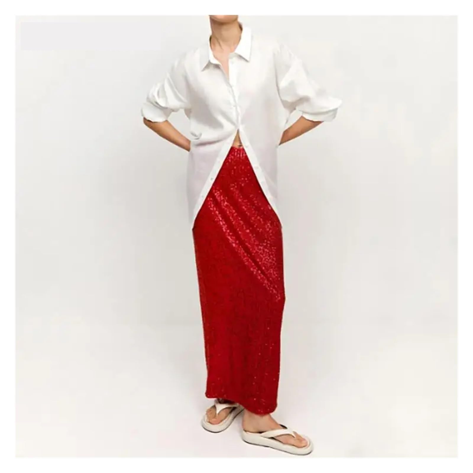 Falda Lentejuelas Falda de Lentejuelas de Moda for Mujer, Faldas largas Elegantes de Cintura Alta, Falda Holgada Informal for Oficina, Ropa de Calle(Silver,S)