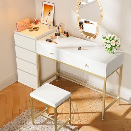 Image of SUPERJARE 43-inch Modern White & Gold Desk - 2 Drawer Vanity