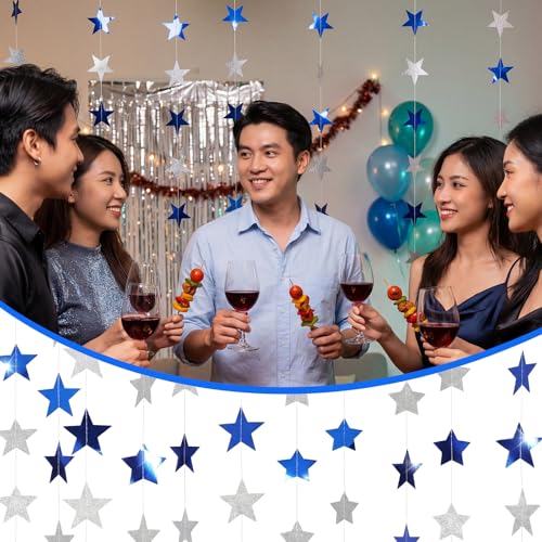 Image of Spakon 65 Feet Glitter Star Shaped Paper Garland Banner Hanging Decoration Star Streamer Double Side 2026 Graduation Decorations for Wedding Birthday New Year Party Decoration(Silver and Blue)