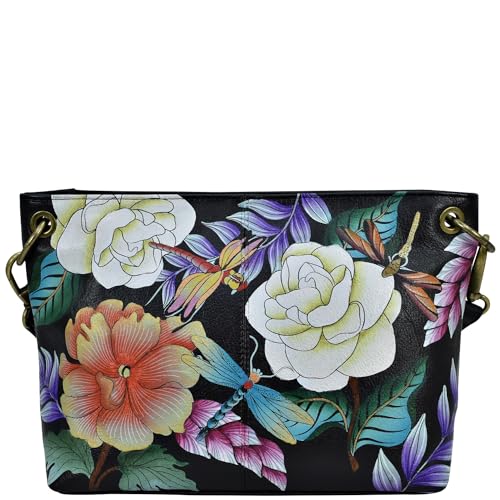 Anna by Anuschka Damen Women's Original Leather Hand-Painted Shoulder Bag Umhängetasche, Magical Dragonflies Black