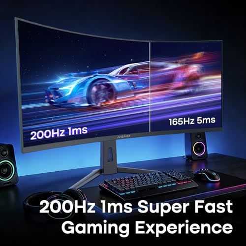 Image of Amzfast 34 Inch UltraWide Curved Monitor 200Hz UWQHD 3440x1440 Gaming Monitor, 1ms G-SYNC Compatible, 1500R, PIP /PBP, 131% sRGB, Tilt /Swivel /Height Adjustable,TUV Rheinland, HDMI 2.1 x 2 & DP 1.4 x 1
