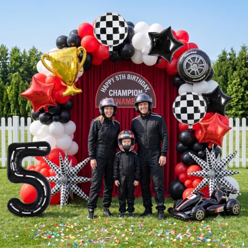 Image of TONIFUL Race Car Party Balloons Set - 40 Inch Racetrack Number 5 Foil Balloon with Checkered & Star Balloons for Boys 5th Birthday Car Themed Decorations, Baby Shower Photo Backdrop Supplies