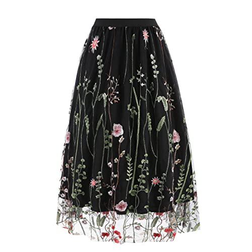 Wellwits Women's Floral Embroidery Mesh Vintage Midi Skirt