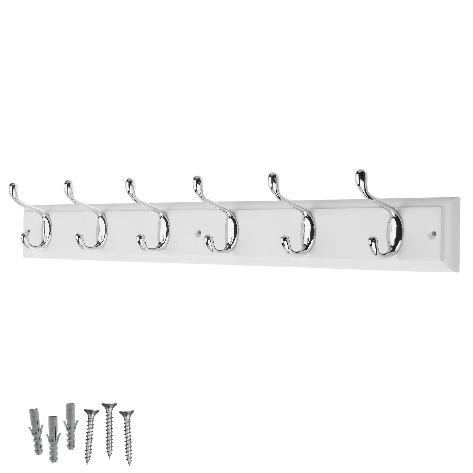 keypak White Wooden Wall Mounted Coat Rack with Polished Chrome Hooks - Heavy Duty Hallway & Entryway Wall Hanger for Coats, Hats, Bags, Tools, Fixings Included