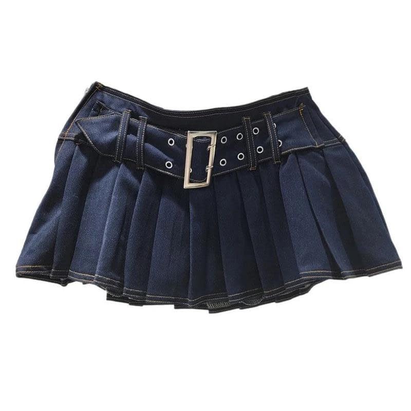 Women's Skirts Spliced Belt Folds Solid Color A-Line Low Waist Super Short Denim Skirt2